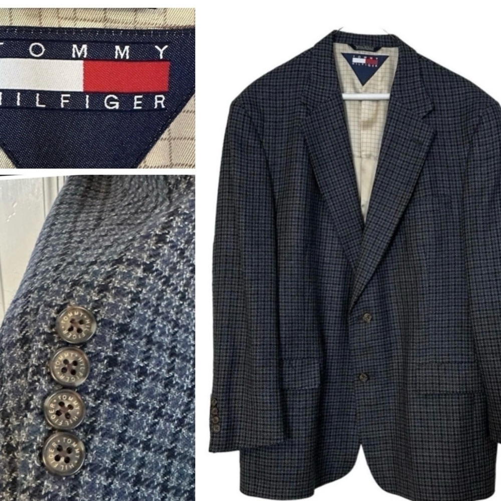 Tommy Hilfiger Blazer Plaid Blue Gray Wool Lined Two Button Houndstooth Size 44R